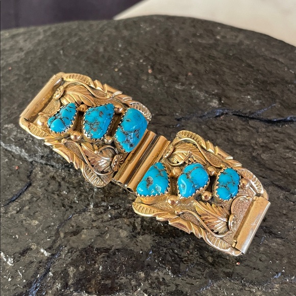 Gold 14K Native American Turquoise Vintage Watch Tips signed Walley - Picture 3 of 15